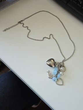 SilverTone Heart Charm Necklace with Light Blue Beads